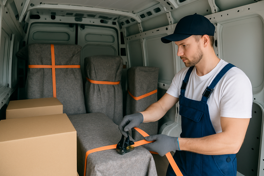 Beiladung Bottrop – Helfer sichert Ladung im Transporter
